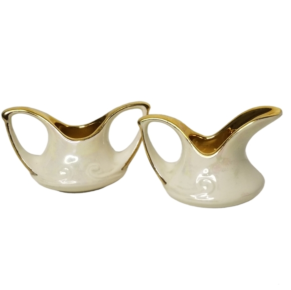 Miniature Iridescent 22K Gold Trim Porcelain Sugar Creamer Set Lusterware MCM